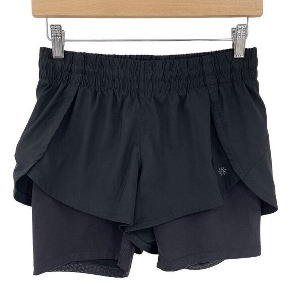 Athleta Racer 2 in 1 Shorts Layered Black Zip Pockets 291755 Women Size XS - Picture 2 of 8